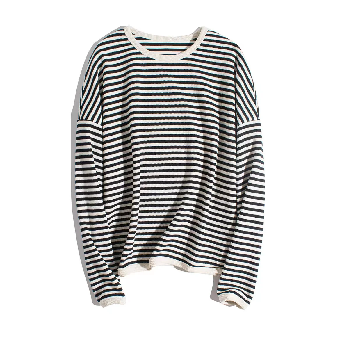 

High Quality Heavy Weight Striped Round-neck Drop Shoulder Oversized T-shirts 100% Cotton Women T Shirt, Black striped/blue striped