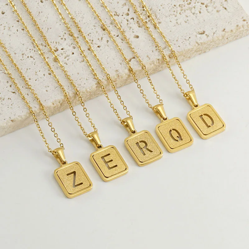 

Trendy Fashion Initial 26 English Alphabet Letters Necklace Gold Plated Stainless Steel Pendant Square Hollow Letter Necklace