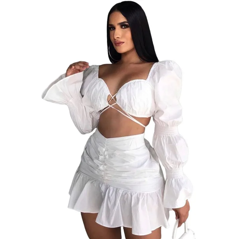 

Two 2 Piece Set Women Outfits Elegant Lantern Sleeve Crop Tops and Ruffles Mermaid Mini Skirt Suit Matching Sets C14600