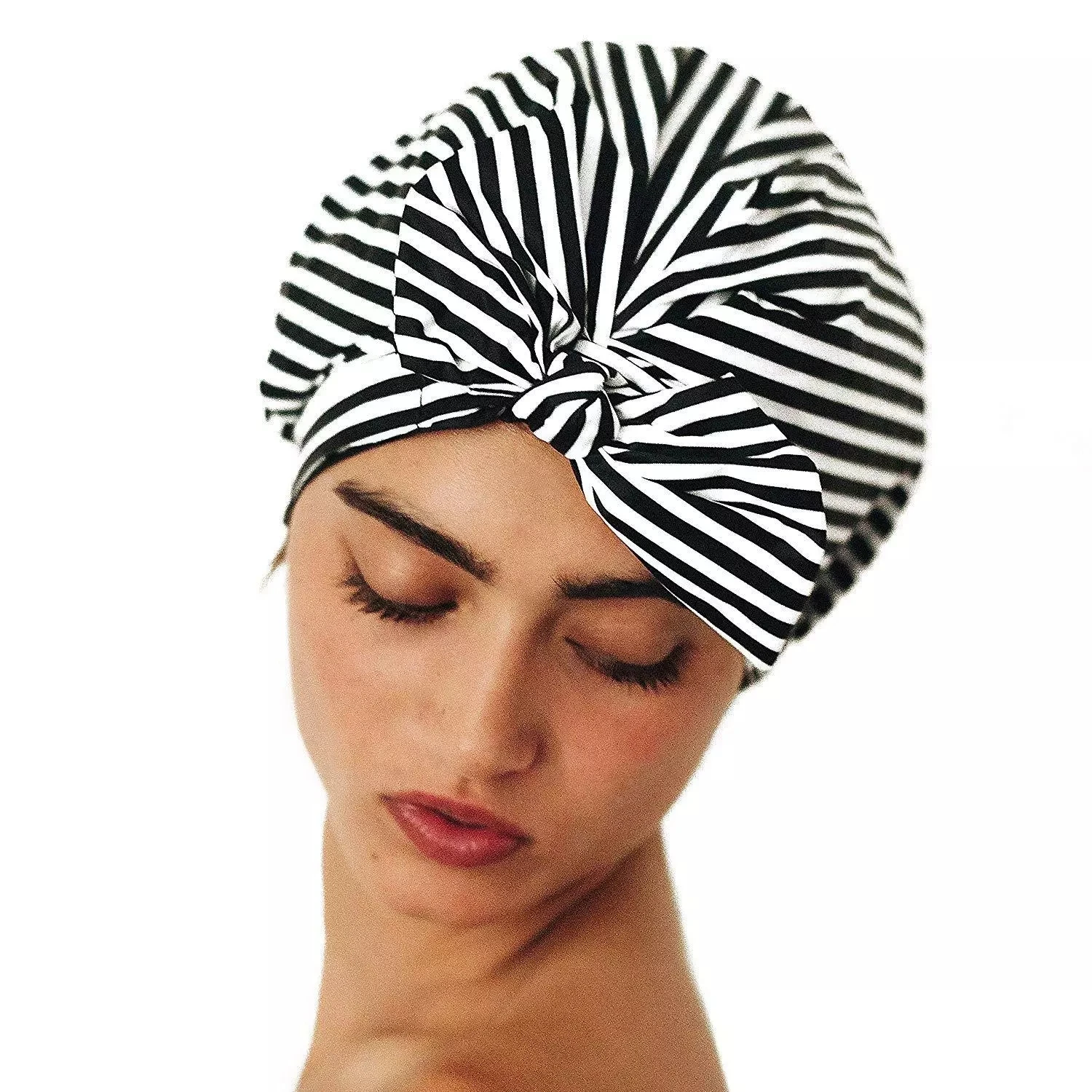 

RTSYE-1219 Customizable LOGO elastic quick-drying shower cap black and white striped bow waterproof shower cap, Picture