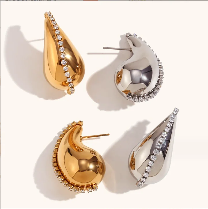 

Stainless Steel 18K Gold Plated Luxury Hollow Water hoop Earrings Zircon chain smooth Non fading Women stud earring Jewelry