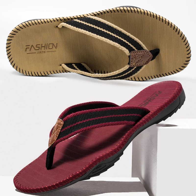 

new 2020 beach stripe mens flip flop , fashion black summer sandals non-slip fabric rubber breathable slipper for mens
