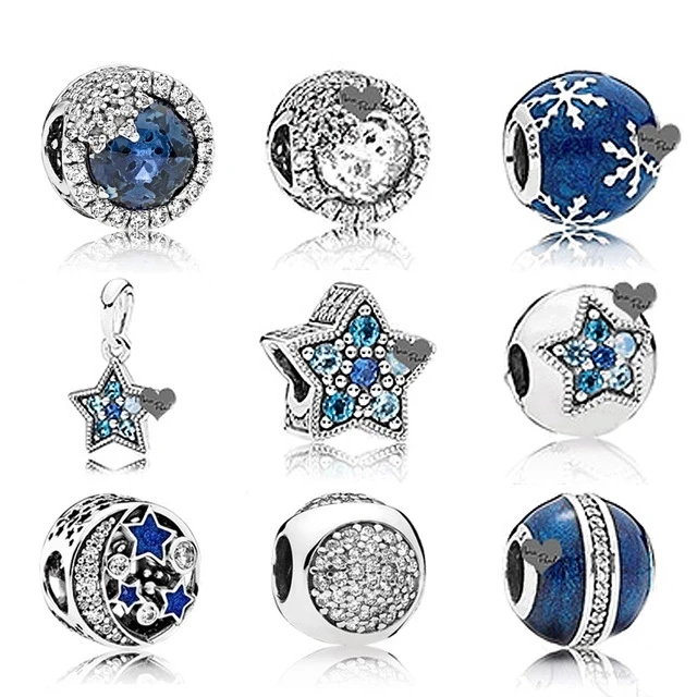 

2021 NEW Winter Blue Enamel Snowflake 100% 925 Sterling Silver Pan Charm Bead Blue moon Fit Bracelet DIY Jewelry Making