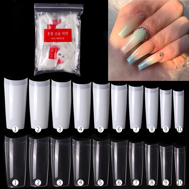 

Professional Clear Coffin Square C Curve Acrylic 500Pcs Extra Long False Extension Half Cover Natural Artificial Nail Tips