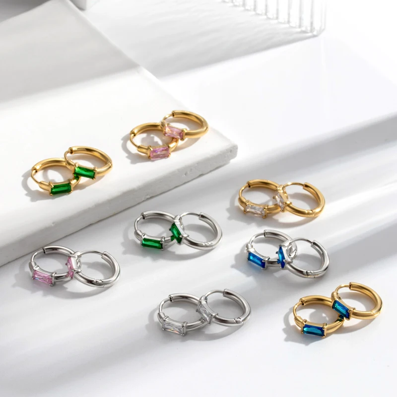 

New styles colorful square cubic zirconia clicker hoop earrings gold stainless steel earrings for women