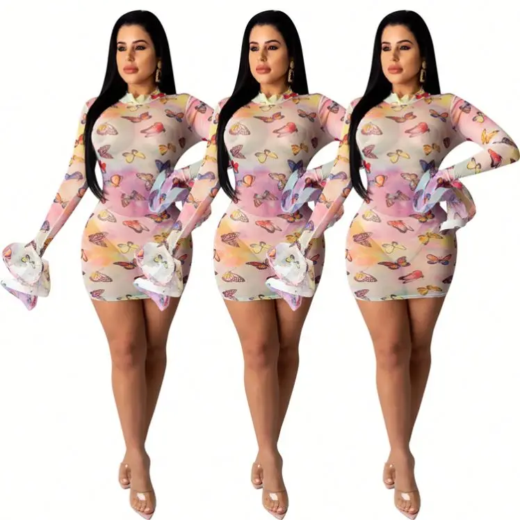 

0320M040 Lady Flower Bandage Sexy Transparent Clothes Elegant Hot Night Evening Club Party Summer Women Girls' Casual Dress, Pink