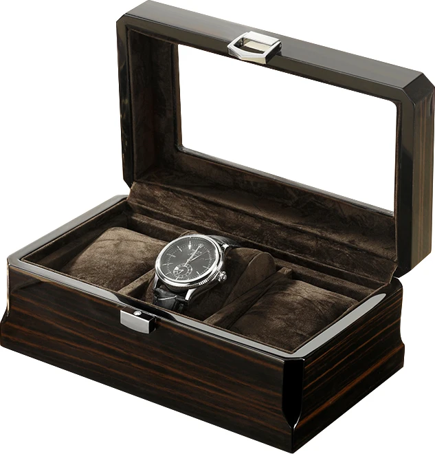 

Wholesale customized logo watch box luxury wood smooth watch box wooden for 3 watches storage, Black, brow