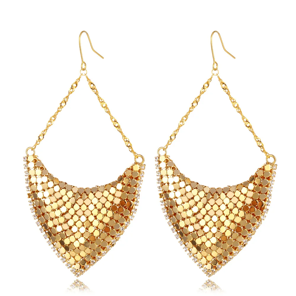 

JUHU New luxurious golden sequins mesh alloy ear buckle simple party bar hook earrings classic metal alloy jewelry for women, Gold