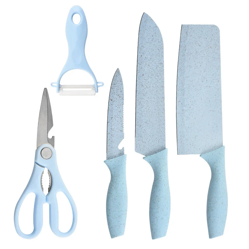 

5 Pcs/Set Pink/Blue Color Stainless Steel Gift Peeler Paring Knife Scissors Kitchen Knife Set With Wheat Straw Handle