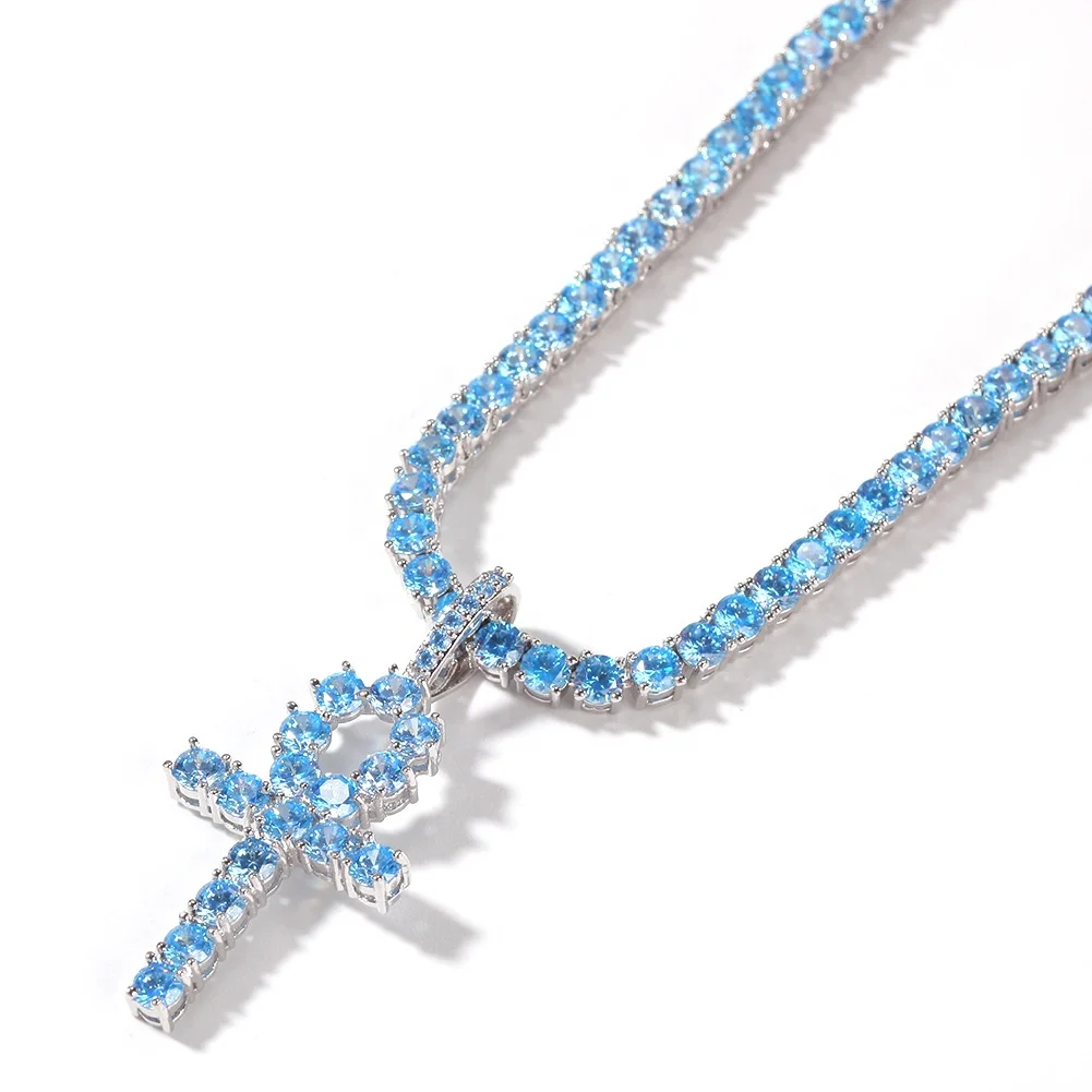 

Luxury Micro Baby Blue Cubic Zircon Ankh Cross Pendant Fashion Iced Out Bling Key Of Life Necklace Jewelry
