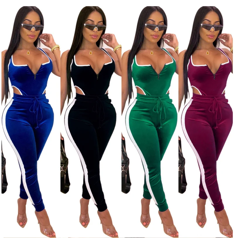 

Foma M2767 drop shipping 2020 plus size sexy crop tops and solid long pants trousers for ladies female 2 piece sets, As picture