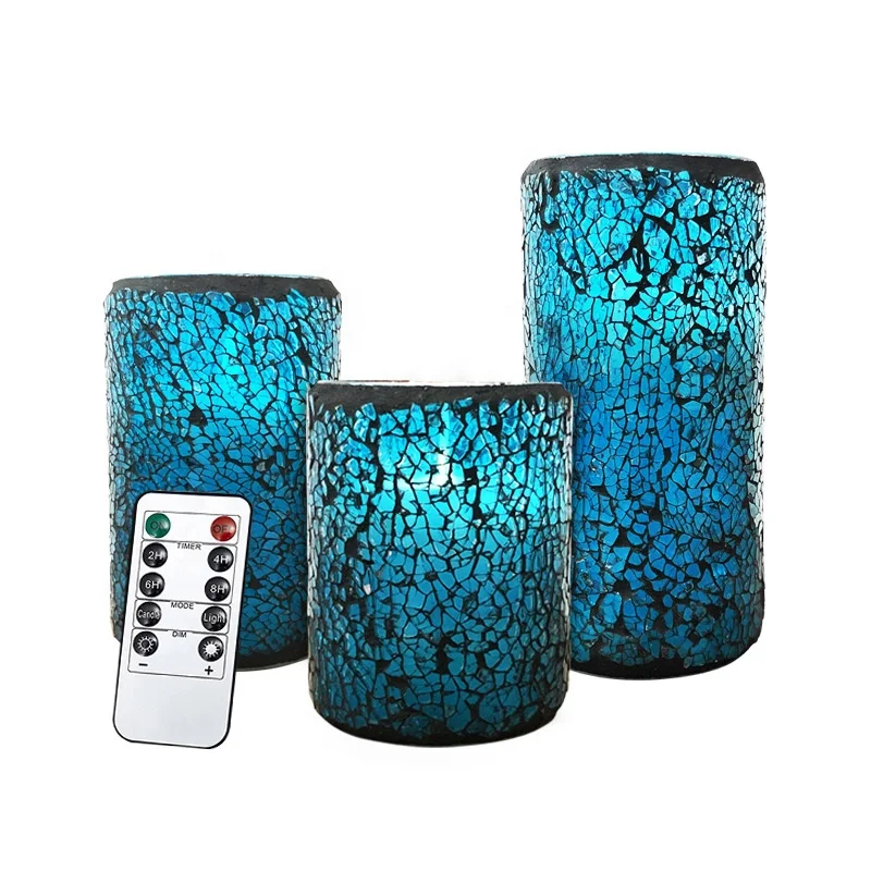 

Factory OEM 3pcs/set Hot Sale Led Flameless Candle Red Cracked Glass Pattern Moving Wick Pillar Candle