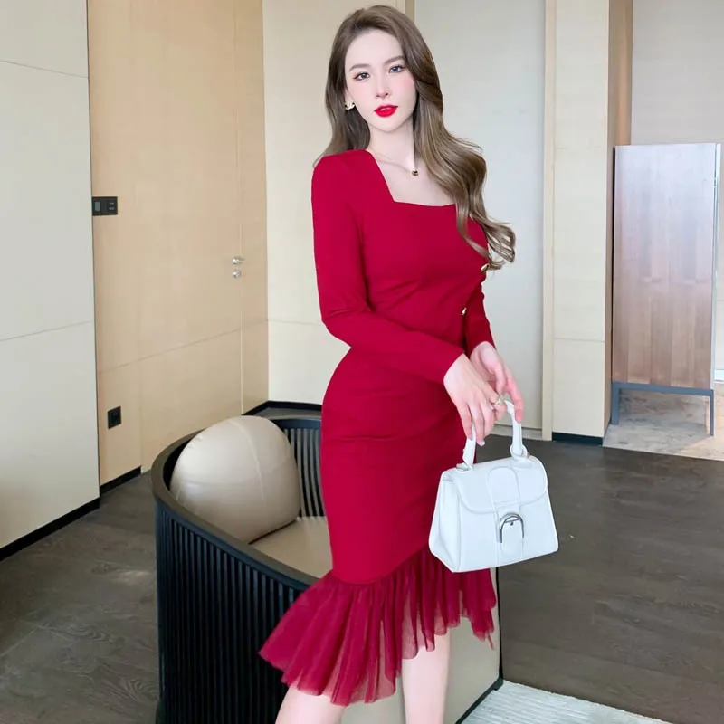 

2021 Autumn And Winter New Women'S Casual Low-Neck Long-Sleeved Slim Red Bridesmaid Dress