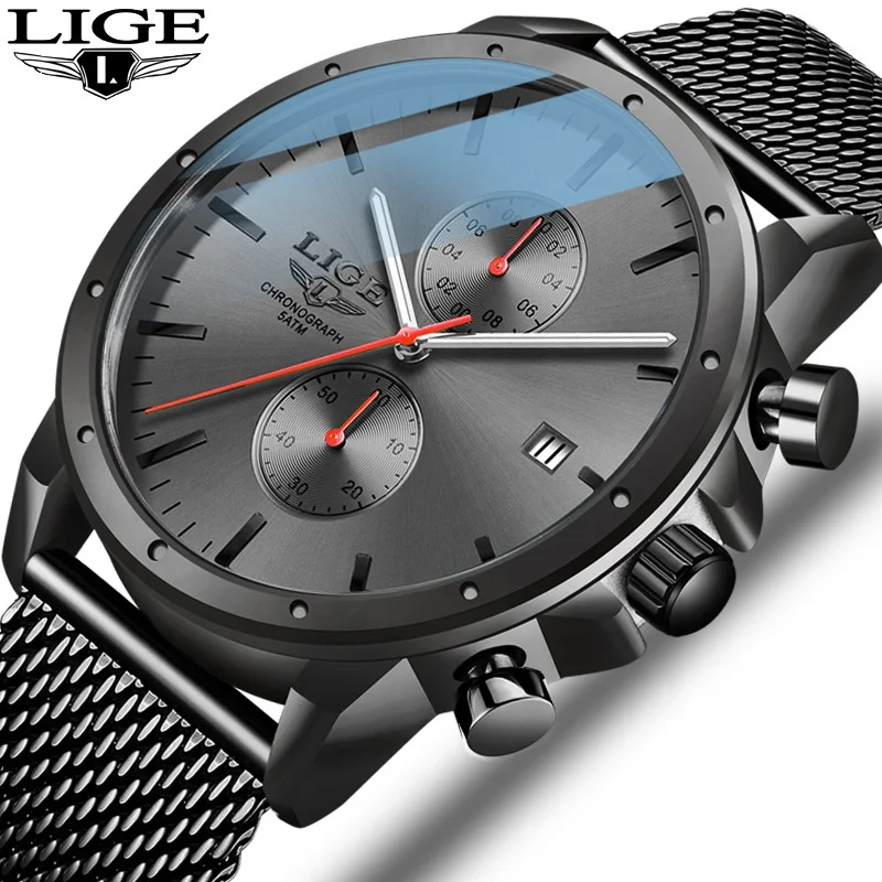 

LIGE New 9991 Men Watch Brand Chronograph Male Sport Wristwatches Luxury Waterproof Stainless Steel Quartz Wrist Relojes Hombre, As shown