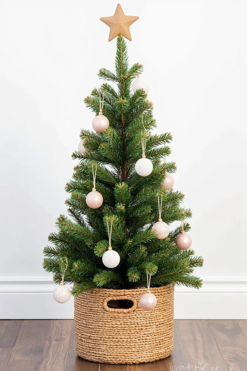 Two different Christmas trees in baskets side by side for comparison