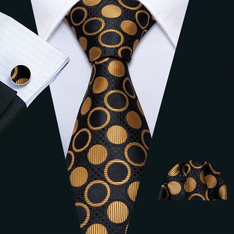 Stock Jacquard Woven Male Polka Dot Striped Black And Gold Silk Tie