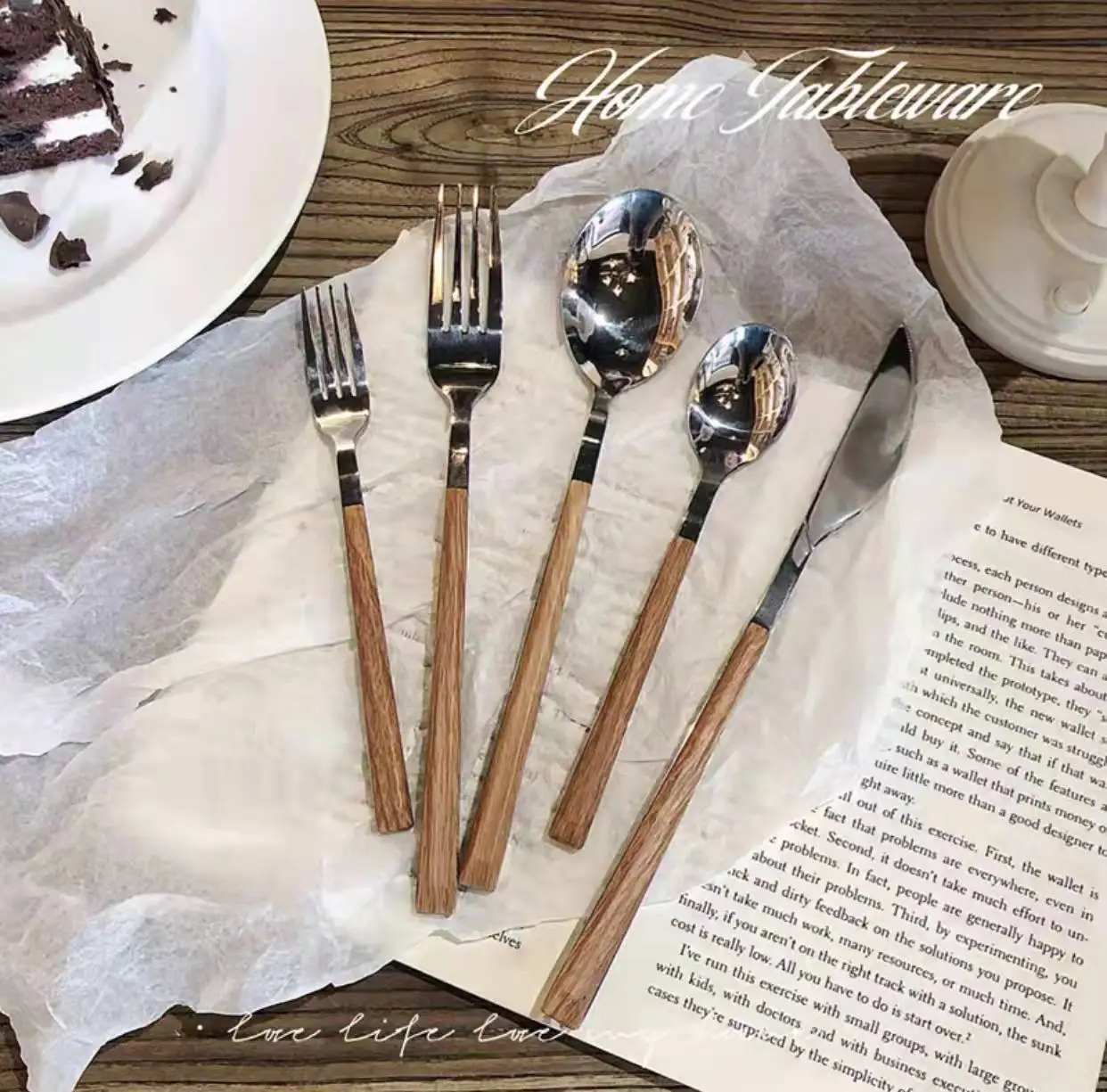 

New design SS 304 kitchen tool soup spoon fork set kitchen hot pot spoon with wooden handle