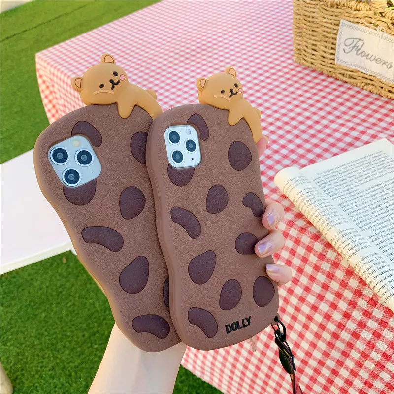 

Cute 3D Cartoon Cookie Bear Phone Case For iPhone 13 12 11 Pro Max Mini XS X XR 7 8 Plus Silicone Shockproof Cover Funny Shell, Chocolate color
