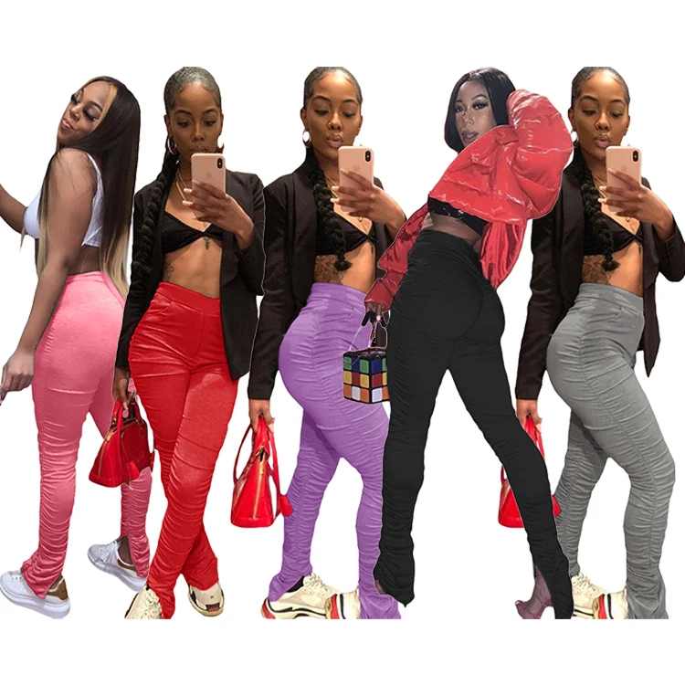 

XS-2XL solid color high waist ruched pants women stacked leggings stacked pants