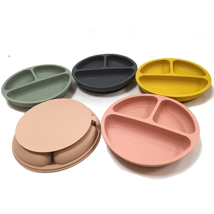 

Wholesale Baby Feeding Round shaped Silicone dinner plate with suction cup, Sage, ether, dark grey, peach etc