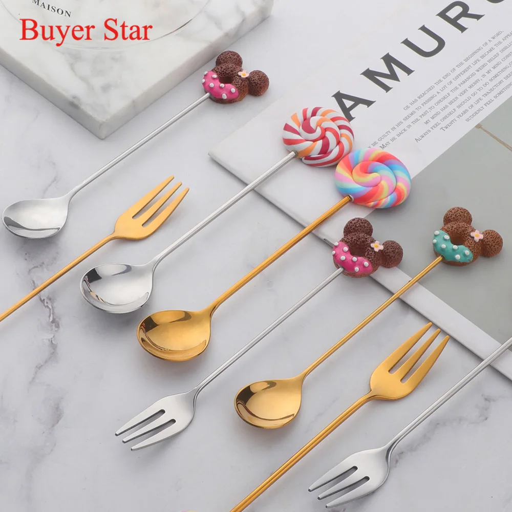 

Creative Mickey Doughnut fish star Handle Cake Coffee Dessert Spoon Tea Ice Cream Spoon&Fork for gift, Silver,gold