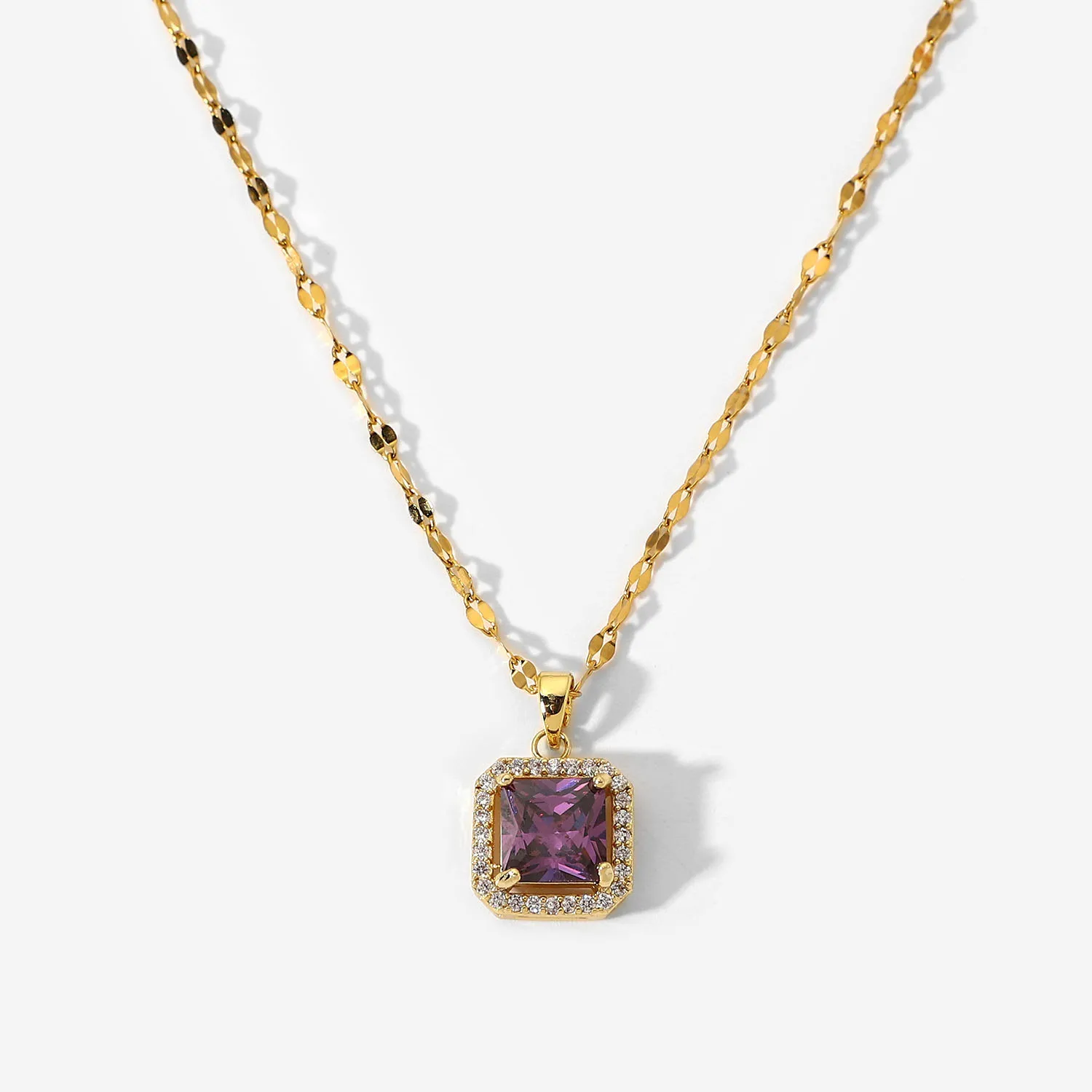 

18K Gold Plated Waterproof Pendant Jewelry Stainless Steel Purple Square Cubic Zircon Necklace for Women