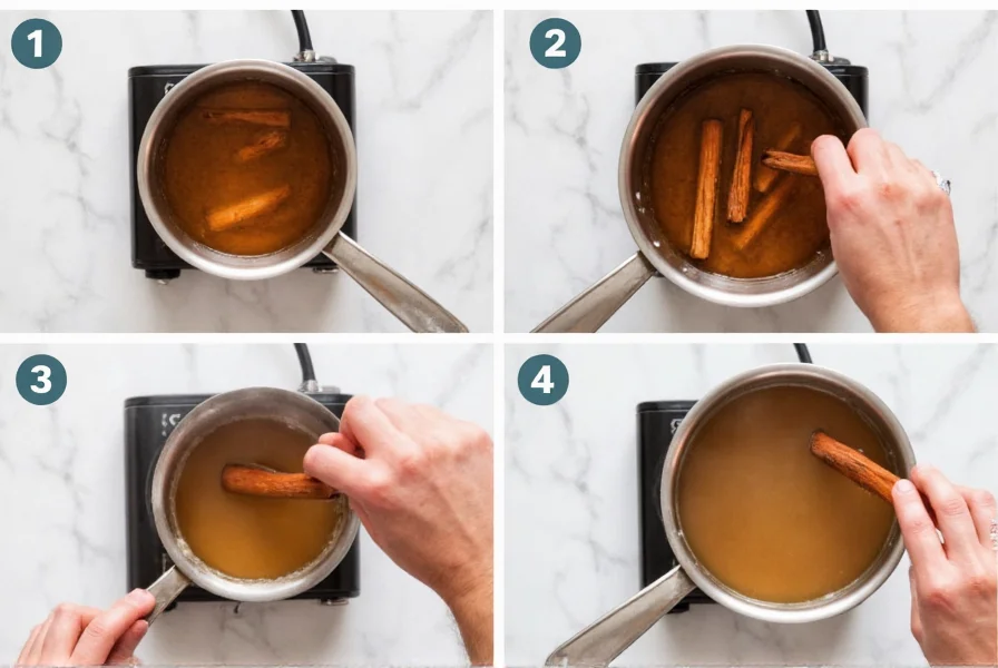 Step-by-step process of making homemade cinnamon syrup in a small saucepan with cinnamon sticks steeping in clear syrup