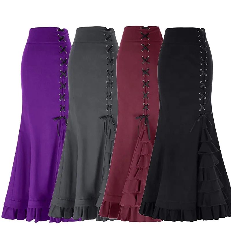 

ecowalson Vintage High Waist Victorian Long Skirt Lace Up Ruffles Fishtail Bodycon Maxi Skirt Gothic Women Steampunk Plus size