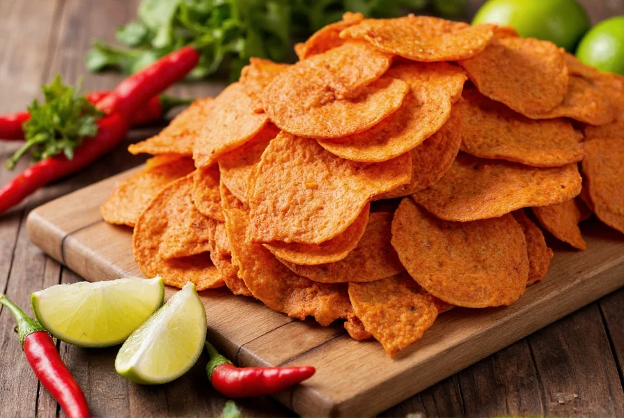 Homemade chili chips arranged on a wooden board with fresh chili peppers and lime wedges