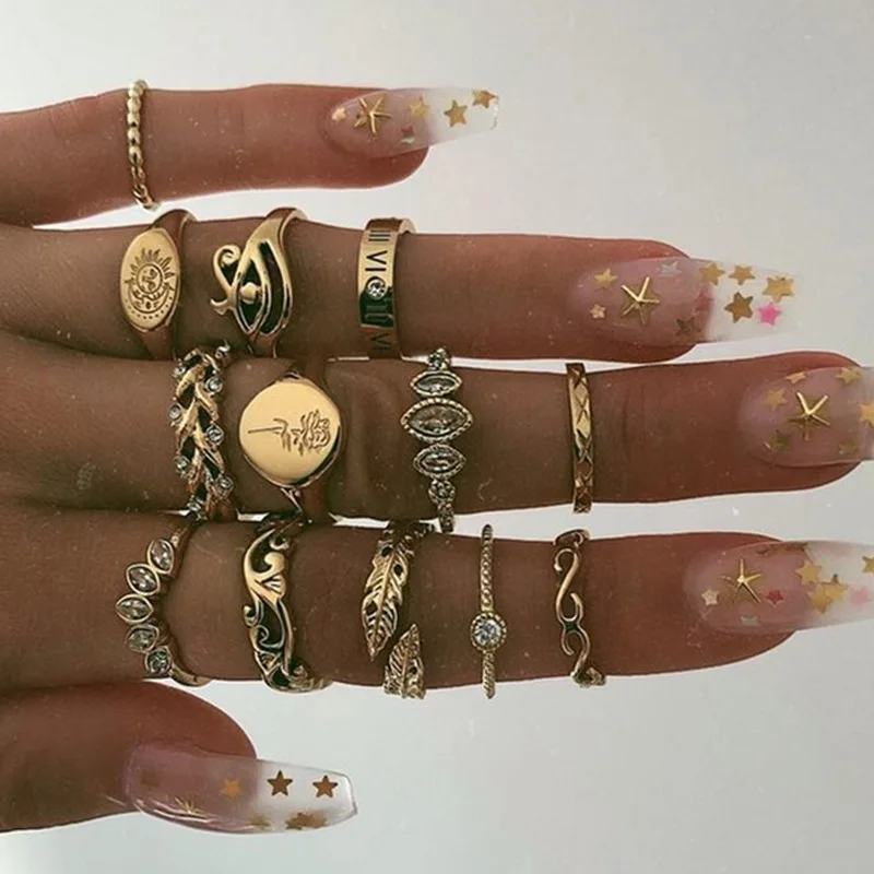 

13 pcs/set trendy retro gemstone crystal rings set jewelry gold rhinestone finger rings, Gold plated