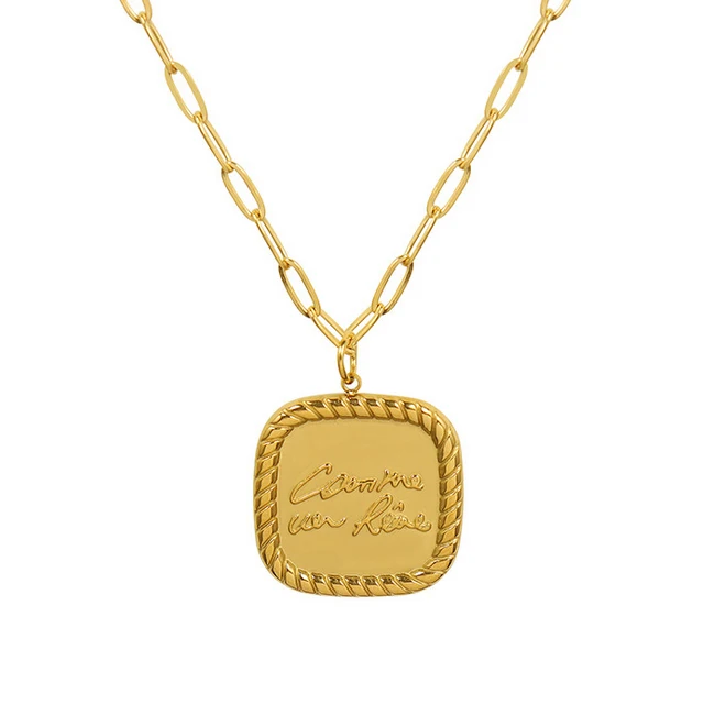 

18K gold thin chain Layered Choker retro square stainless steel Pendant Necklace