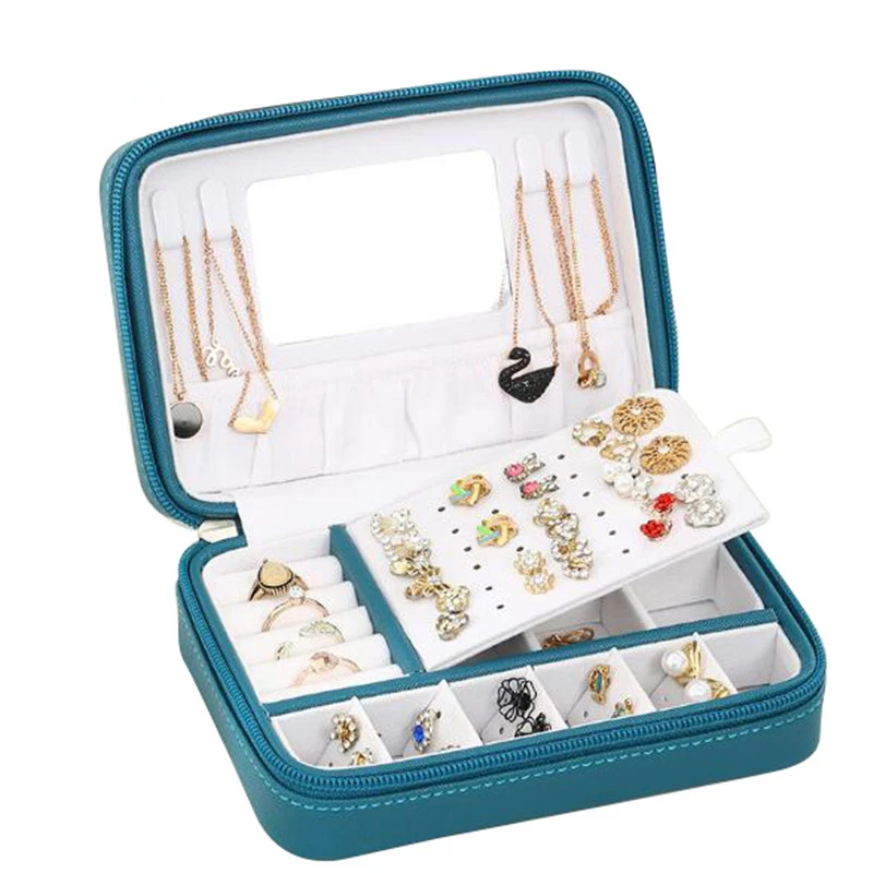 

Wholesale Custom Logo Faux PU Leather Makeup Cosmetic Jewelry Box Organizer Mini Travel Jewellery Ring Necklace Case For Gifts