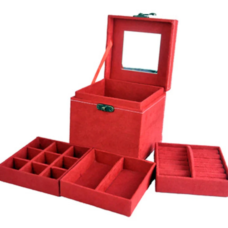 

Multifunctional Cosmetic Storage Box Three-layer Flannel Jewelry Box Home Travel Dedicated Portable Princess Ring Necklace Box, Pink, red, purple