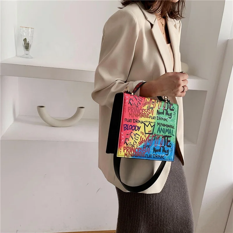 

Guangzhou Handbag Factory Ladies Pu Leather Rainbow Graffiti Crossbody Sling Mini Purse Bag Female Handbags Women Purses Bags, Colofrul