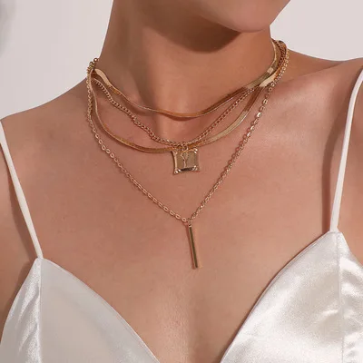 

High Quality Gothic Style Jewelry Multilayer Square Pendant Snake Chain Necklaces 24K Gold Plating Bar Pendant Necklaces