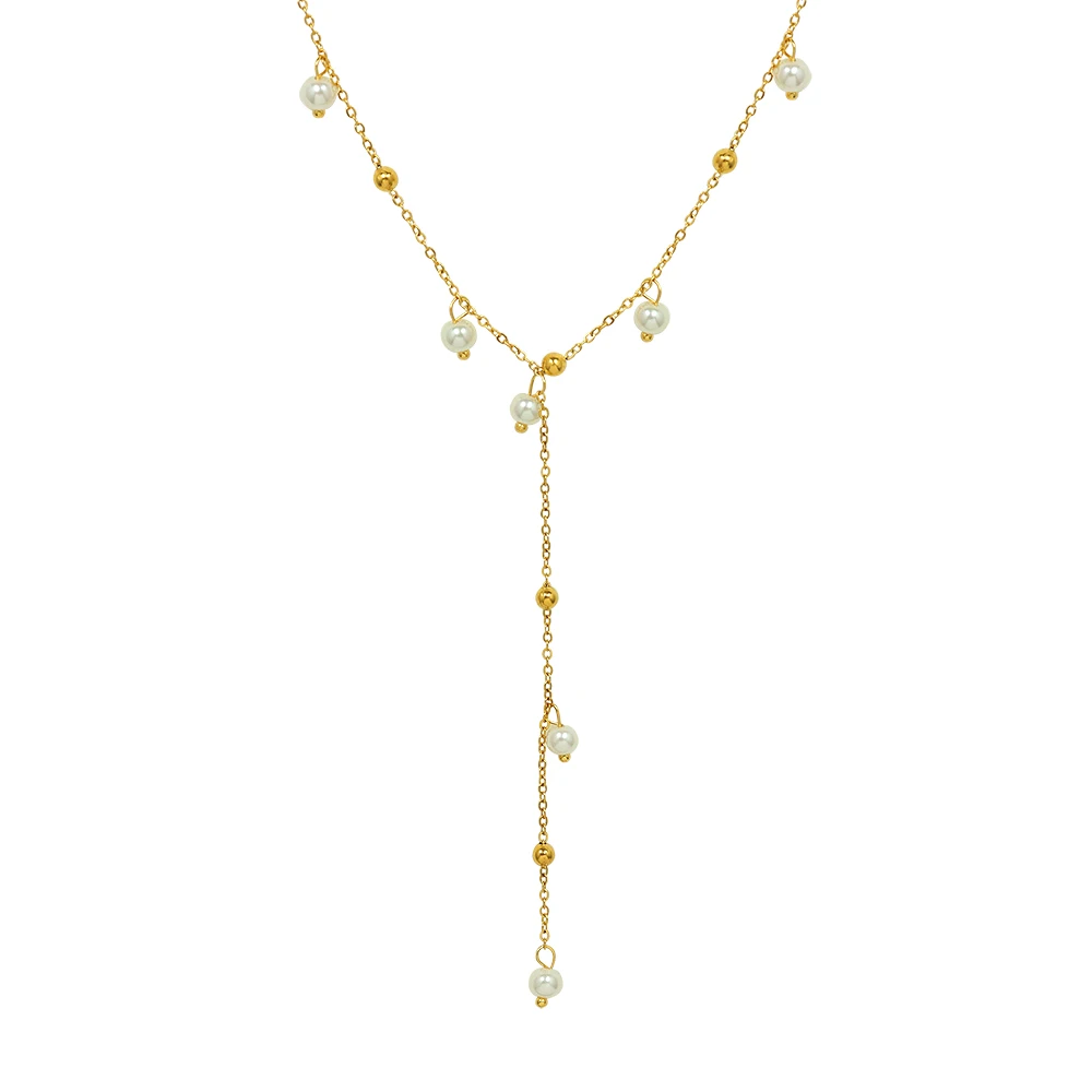 

Retro Niche Light Luxury Imitation Pearl Necklace Tassel Clavicle Chain Titanium Steel 18K Gold Choker Jewelry