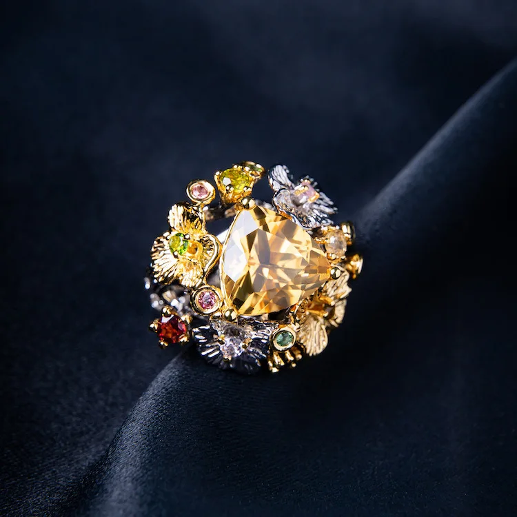 

Italian Vintage Palace Style fine jewelry rings Natural Yellow adjustable crystal ring Colorful Treasure Ring