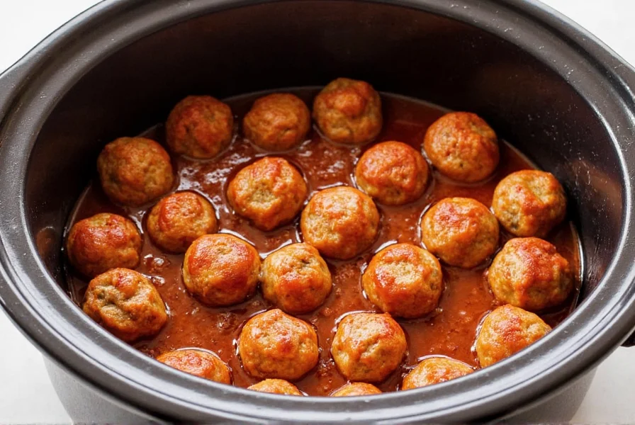 Slow cooker filled with cooked meatballs in glossy grape jelly and chili sauce mixture