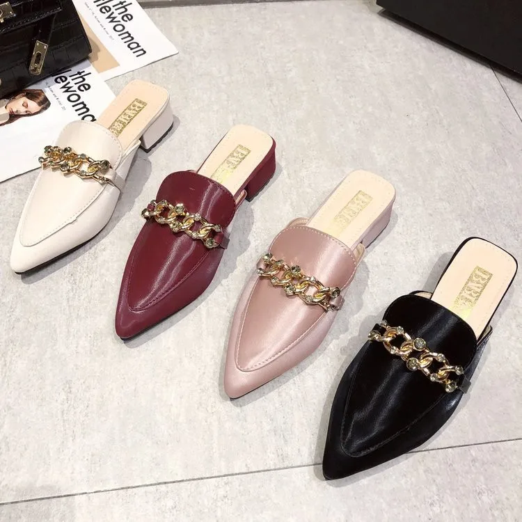 

Women's 2021 new summer retro fashion outer wear pointed toe half slippers women's chunky heel chain Muller shoes, Black, beige, pink, burgundy