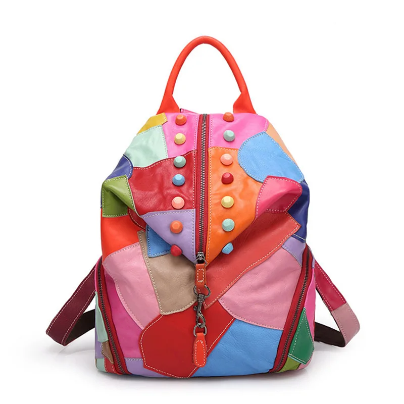 

colorful fashion Stitching PU leather bags high college teenager Backpacks