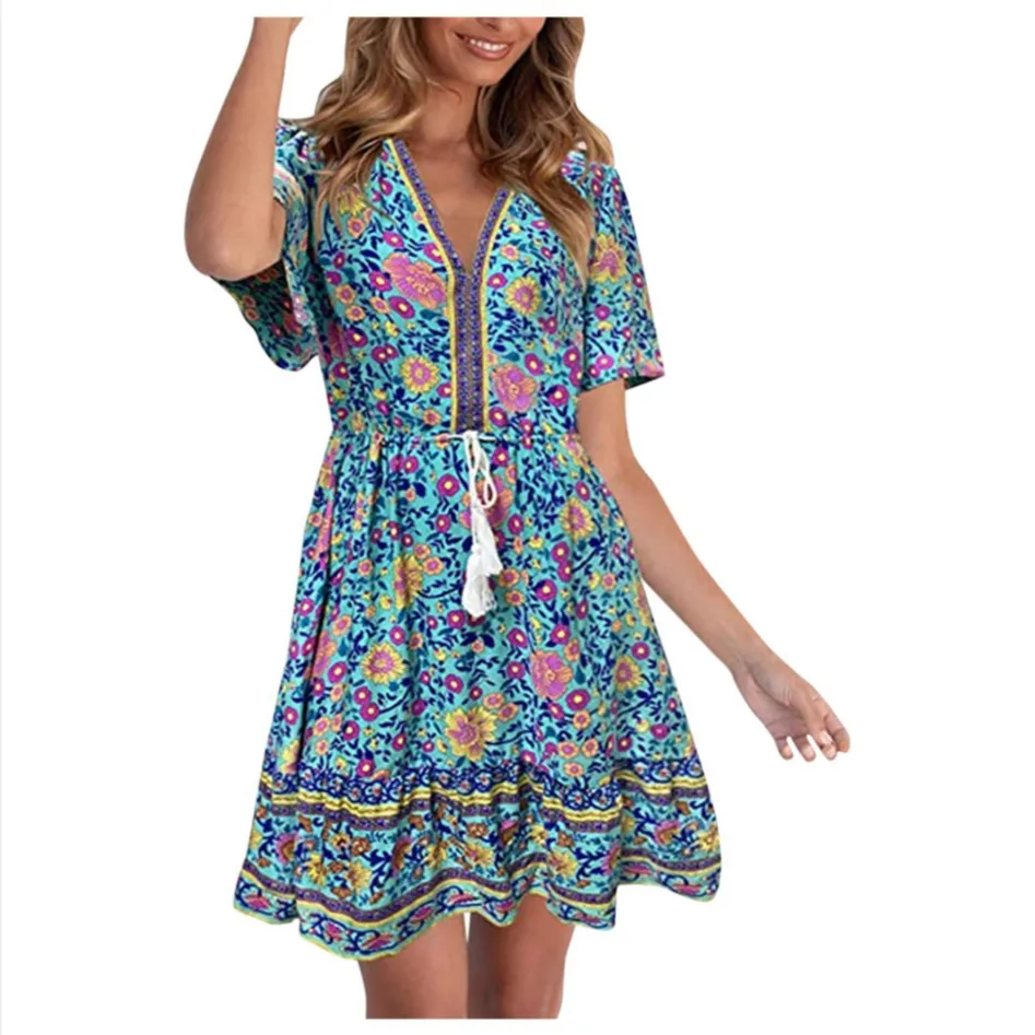 

Wholesale Vacation Ethnic Style v Neck Sexy Bohemian Print Skirt High Waist Short Sleeve Casual Summer Dress, Shown