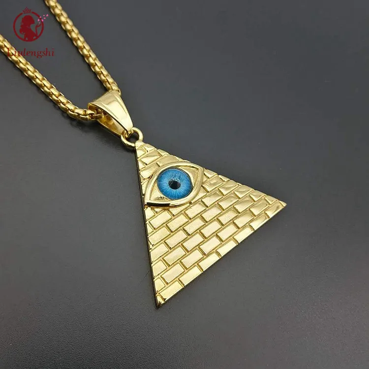 

Hip Hops Jewelry Ancient Egyptian Pyramid Triangle Necklace Stainless Steel Pyramid Blue Evil Eyes Stone Pendant Necklace
