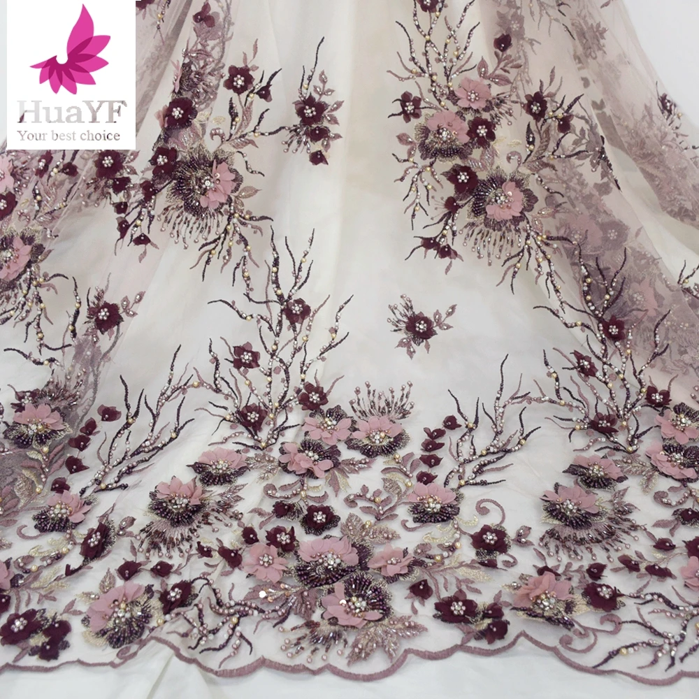 

New Arrival 3D applique beaded floral lace fabric with sequins for bridal wedding HY1556, As pic show