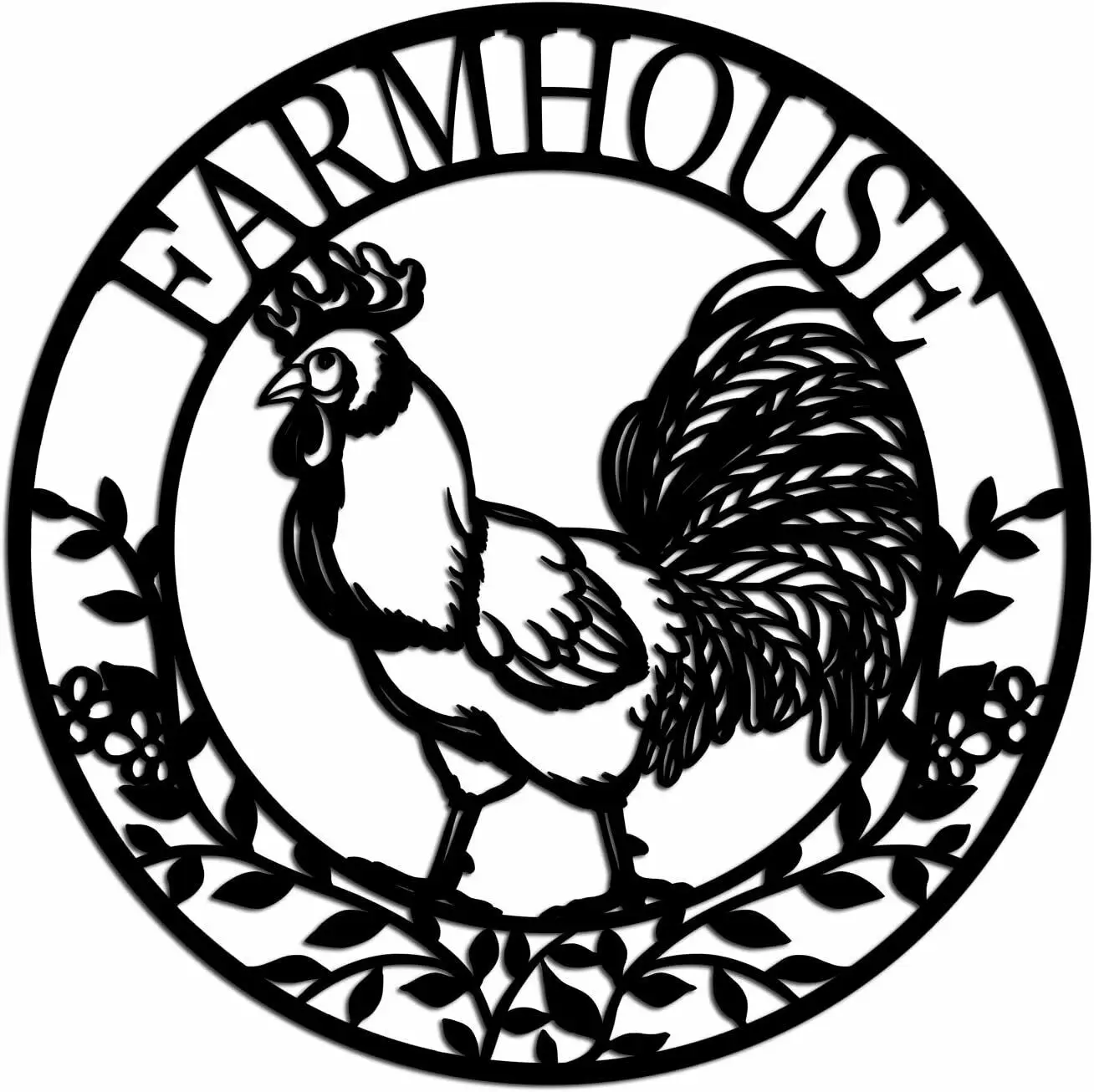 

Farmhouse Metal Wall Art Decor Rooster with Leaves Wall Hanging Artwork TY2452, Black