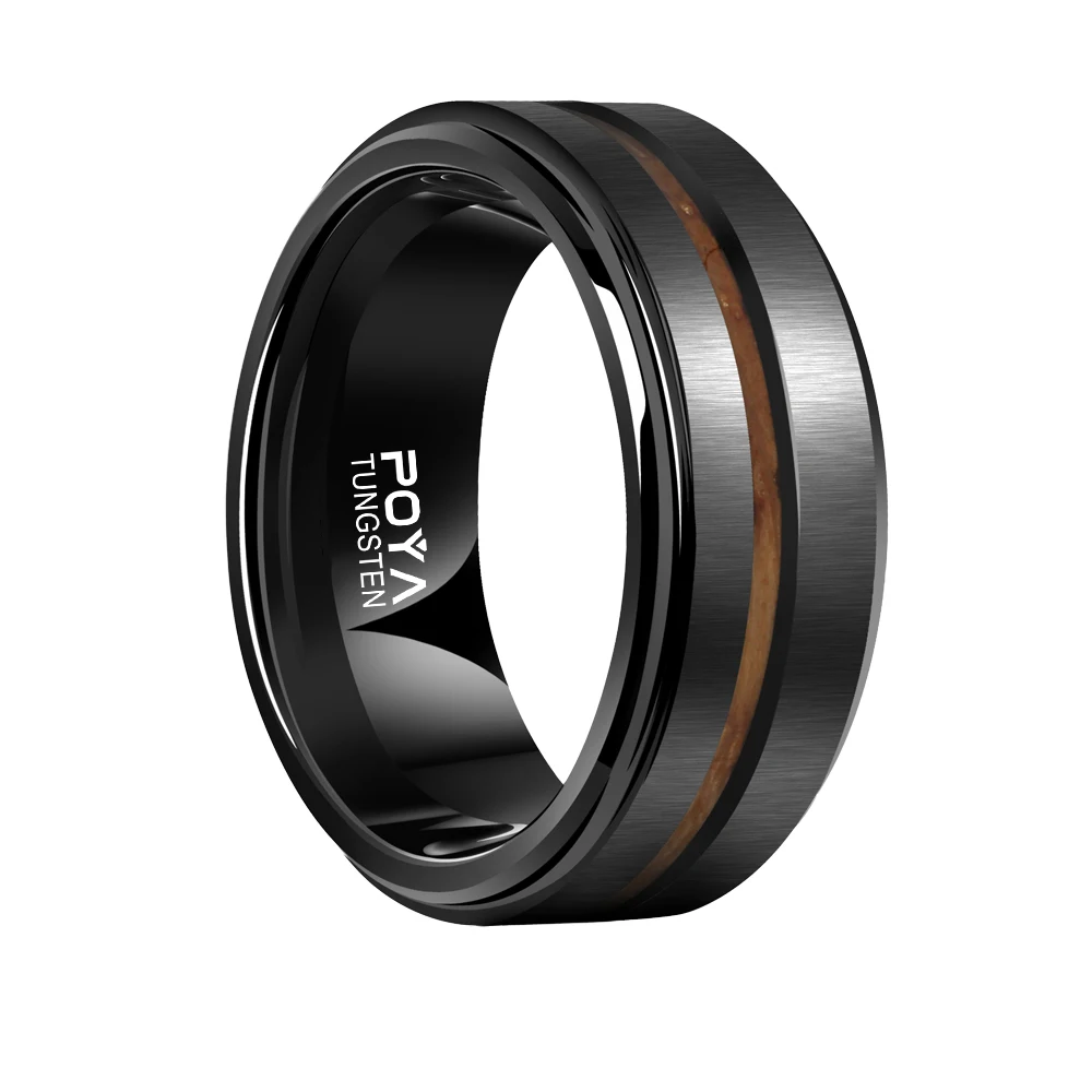 POYA Men's Women's Whiskey Barrel Wood Opal Inlay Black Step Edge Tungsten Carbide Wooden Rings for Wedding