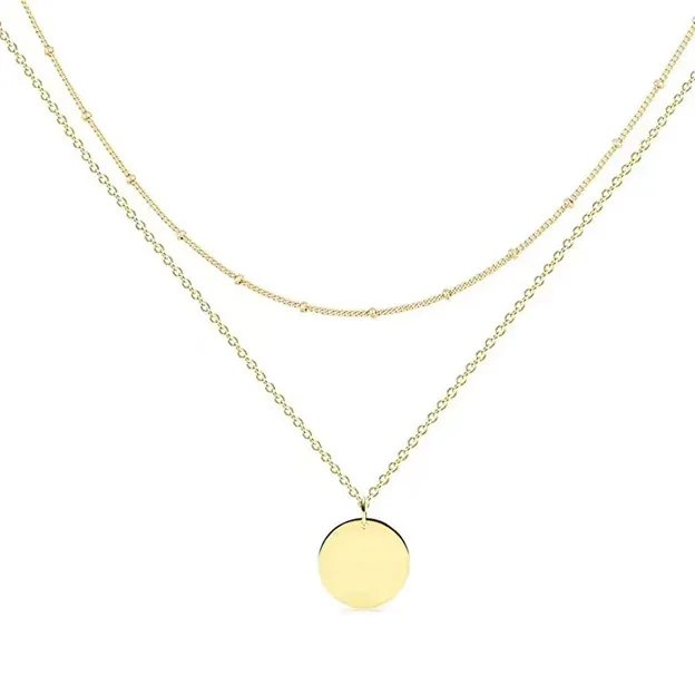 

Valentines Day Fashion Double Layer Bead Chain Stainless Steel Gold Plating Coin Round Pendant Necklace for Women, Gold silver,rose gold