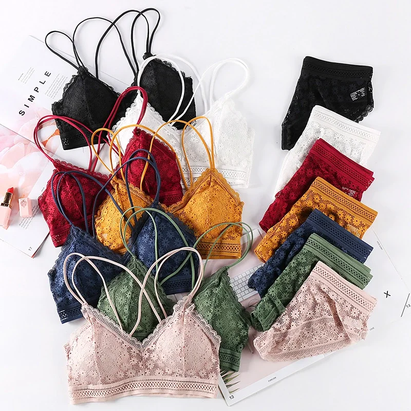 

Panty Set Bra Women Cross Back Backless Push Up Wireless Lace Bra Set