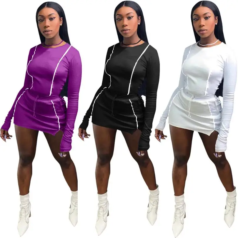 
XXL Casual Fashion Reflective Striped Two Piece Set Outfits Women Long Sleeve Top And Mini Skirt Sets Autumn White New 