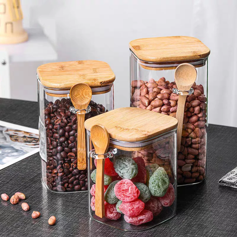 

Customized Kitchen Square High Borosilicate Glass Food Storage Jar Canister Set with Bamboo Lid Storage and Spoon