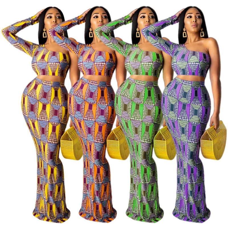 

H6244 - 2021 hot stylish summer one shoulder printed crop top and skirt two piece set women